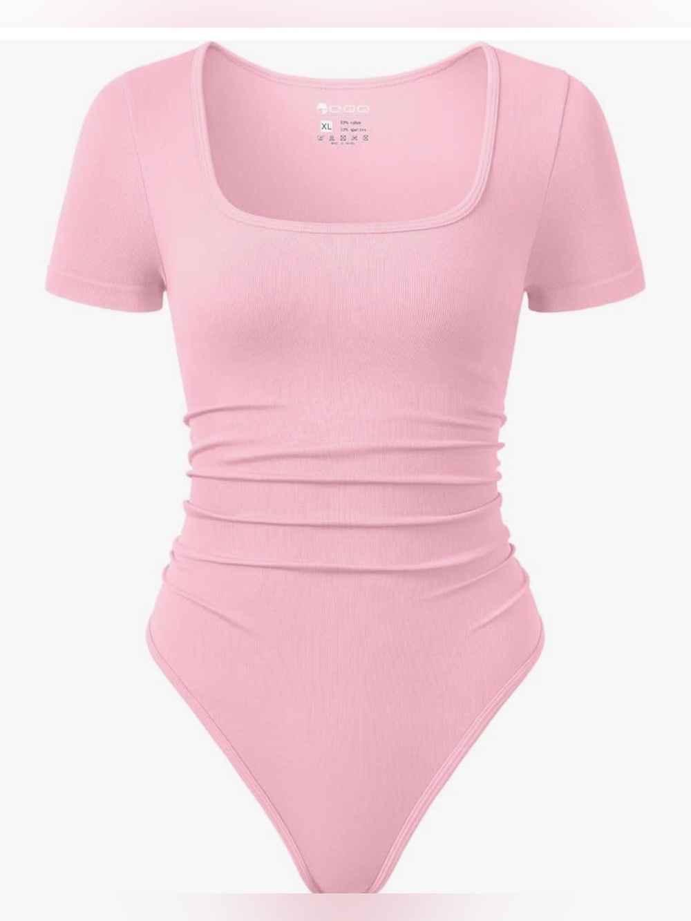 OQQ square neck ruched bodysuit pink bean paste